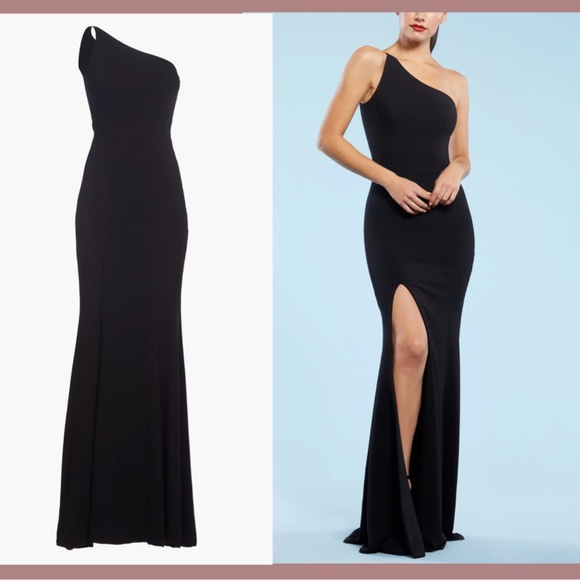 NEW Dress the Population [ Medium ] Amy One Shoulder Crepe‎ Gown in Black - Picture 2 of 14